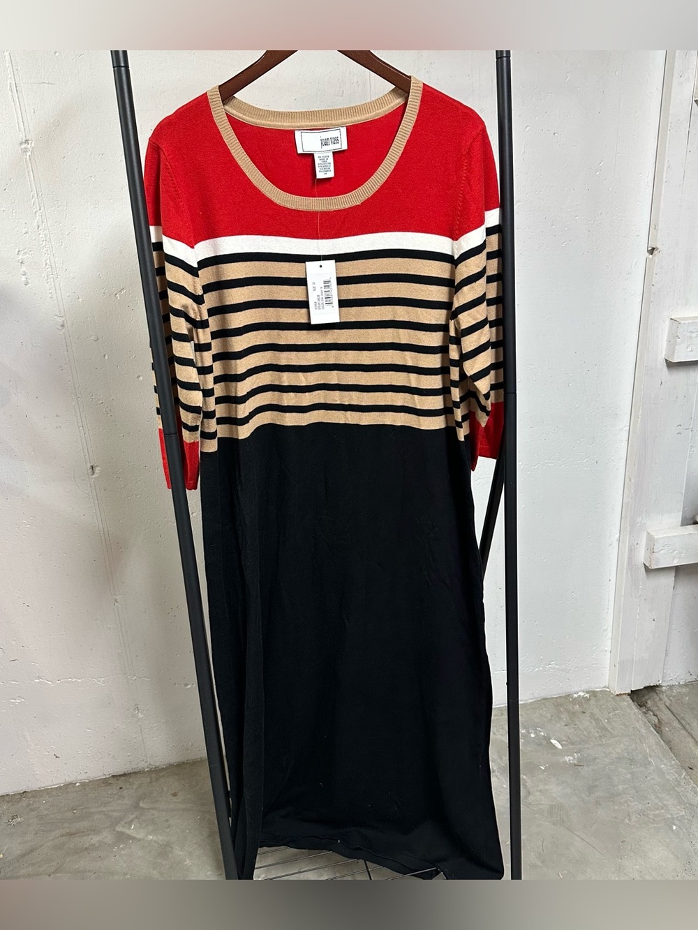 Joan Vass Red Tan Black Striped Knit Maxi Dress